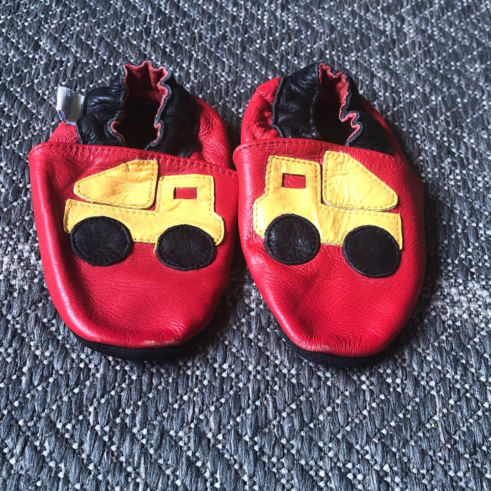 Robeez Red Leather Baby Slippers with Yellow Truck Applique